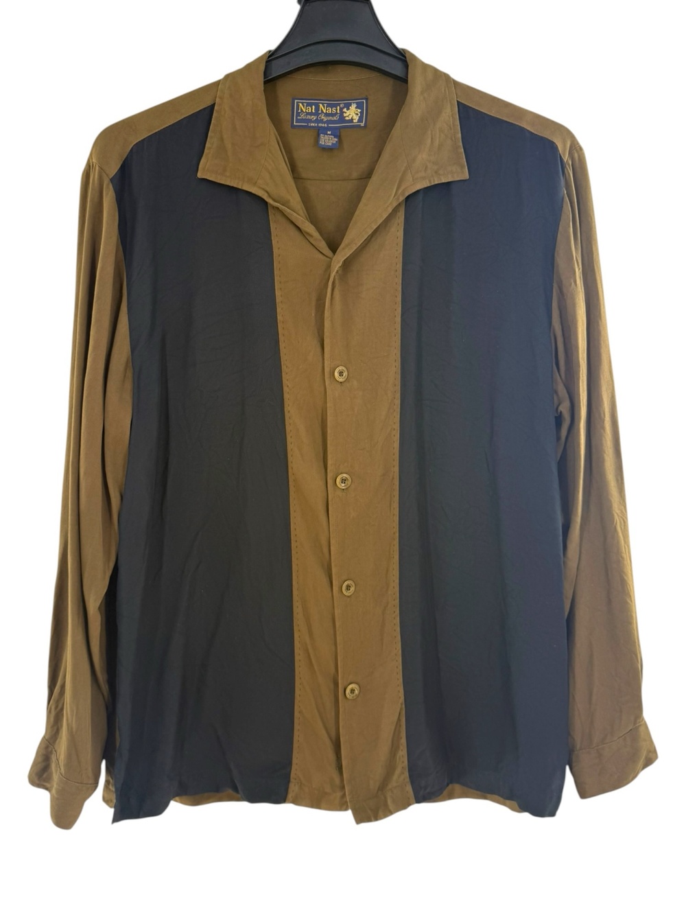 Nat Nast Shirt Silk Retro Mens M Brown Black Stripe Button Front Long Sleeve